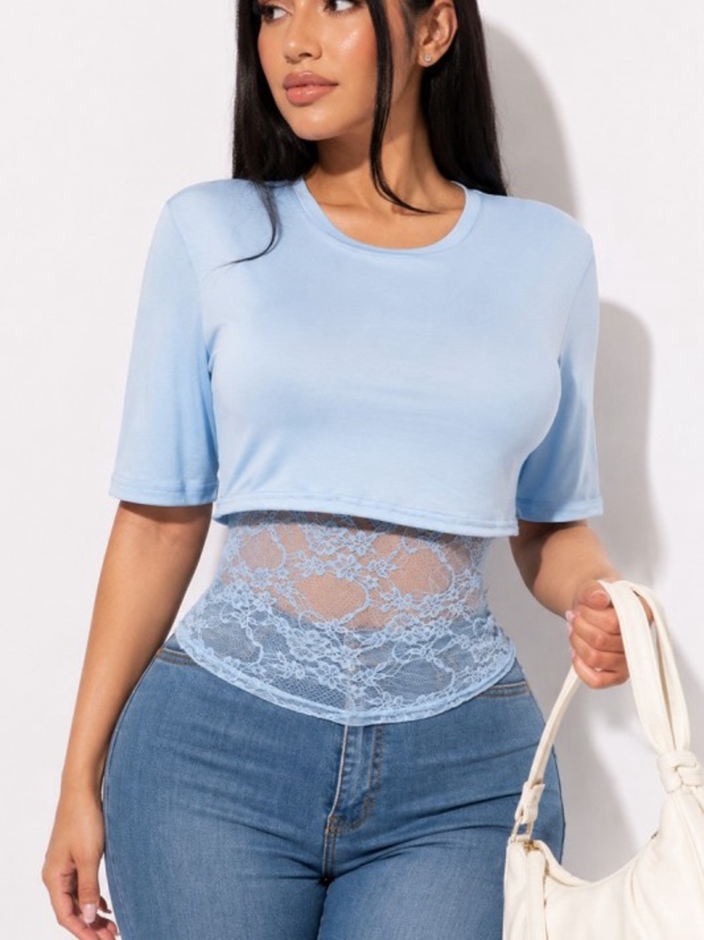 Light Blue Lace-Trim Cropped Tee with Sheer Waist Panel
